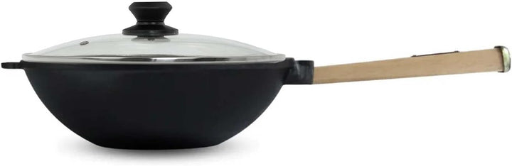4BIG.fun Wok Bratpfanne Ø24 cm 2,2 L aus Gusseisen mit Holzgriff Glasdeckel Asia Wokpfanne Induktion