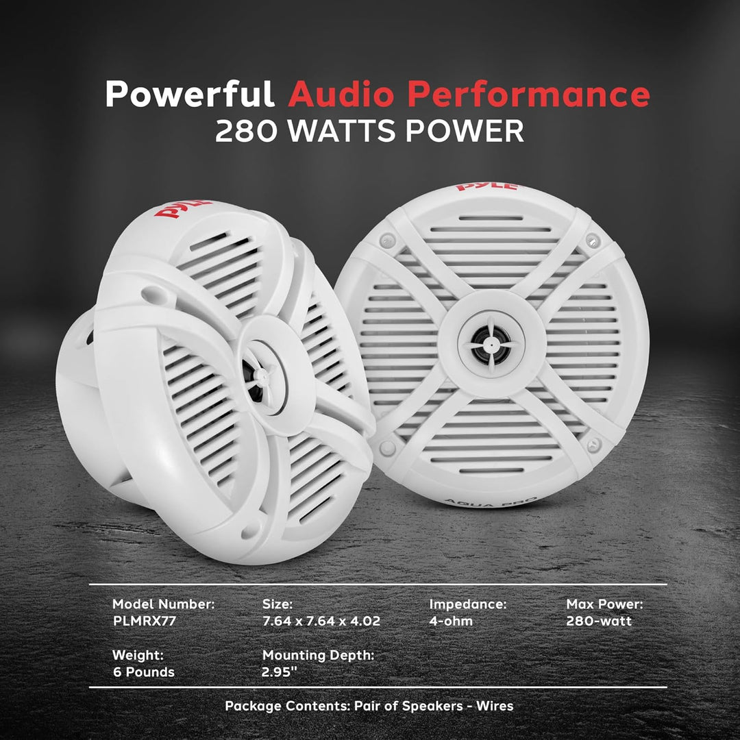 Pyle Dual 7.7'' Water Resistant Marine Speakers, 2-Way Full Range Stereo Sound, 280 Watt, White (Pai
