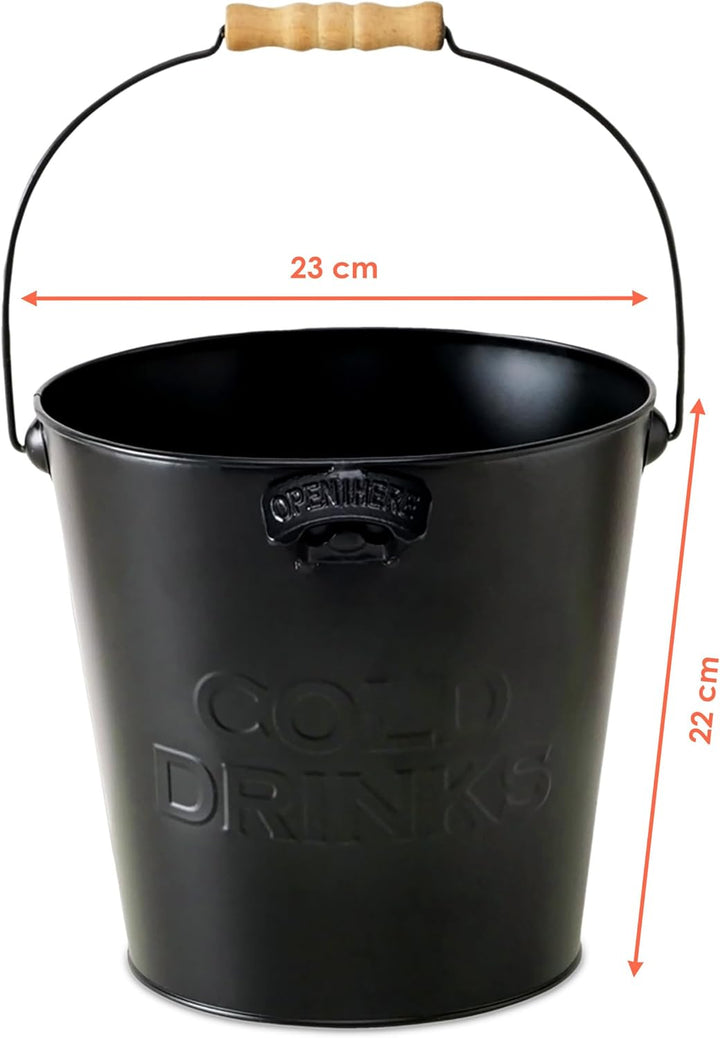 Zink Eiseimer mit integriertem Flaschenöffner - schwarz - Metall Getränkekühler 22 cm mit Holzgriff
