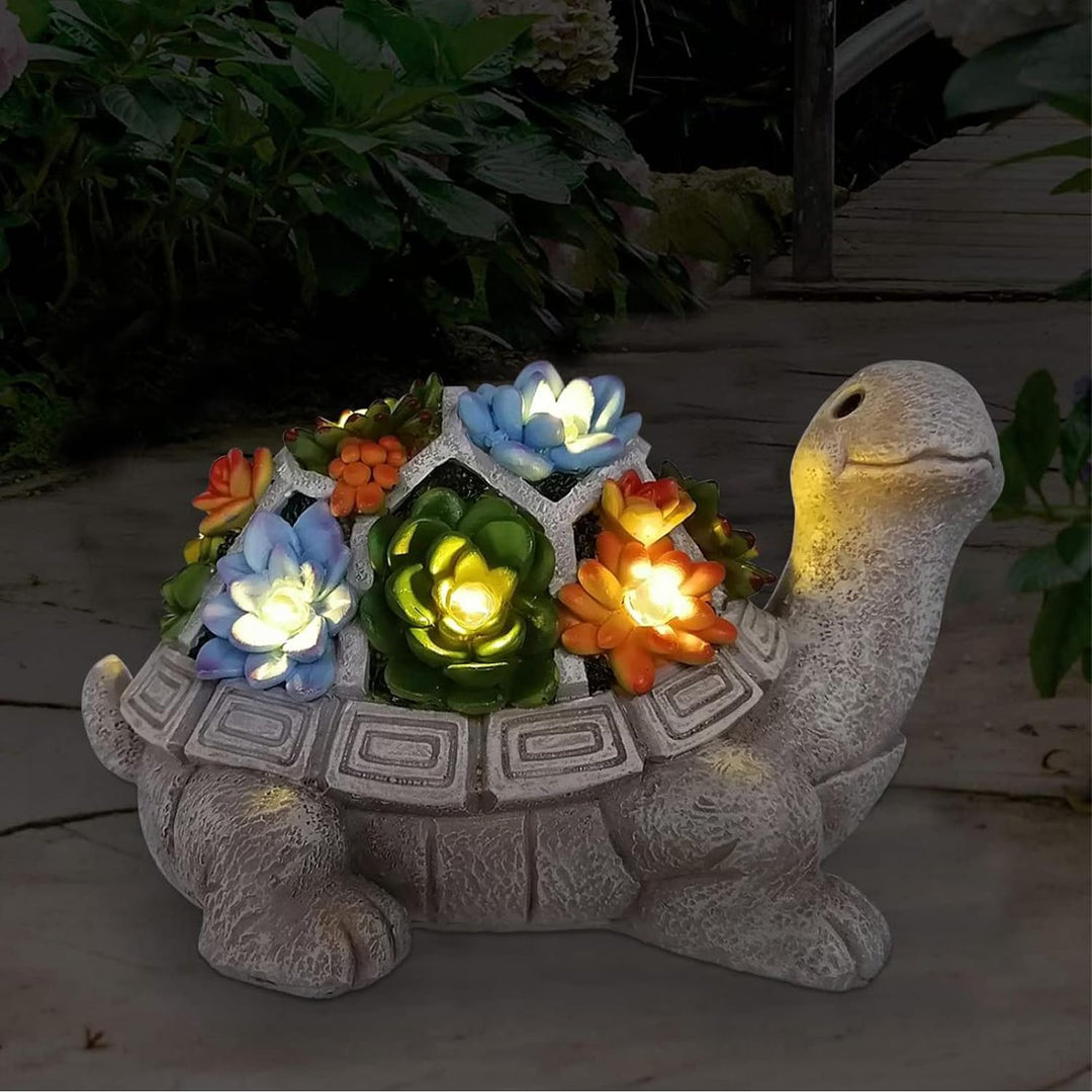 Yeomoo Solar Gartenfiguren Schildkröte Gartendeko für Draussen, mit Sukkulenten und 7 LED Leuchten H