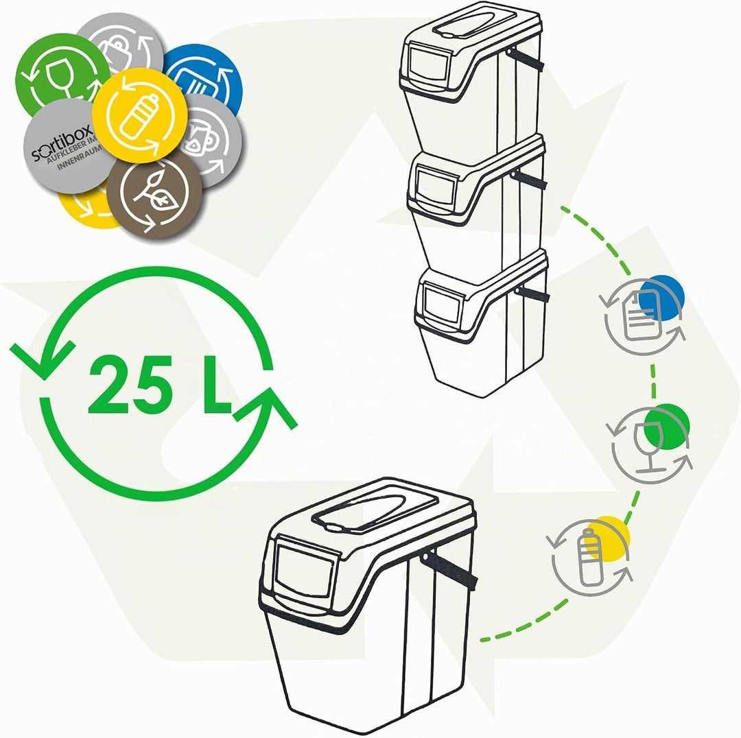 Set de 3 cubos de basura KEDEN SORTIBOX para reciclado, gris, volumen 3x25L