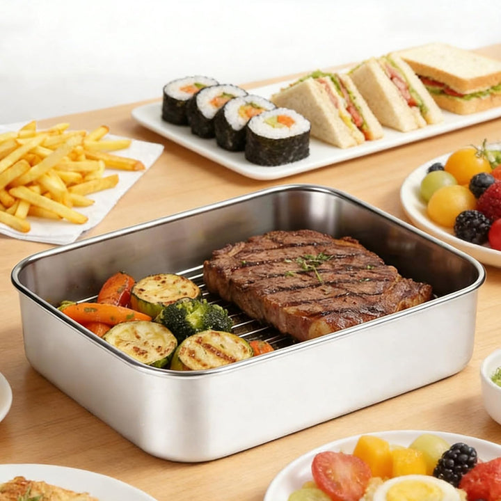 Edelstahl Auflaufform für Airfryer 20x15.3x5cm, Antihaft Backform mit Abtropfgitter & Hitzeschutzgri