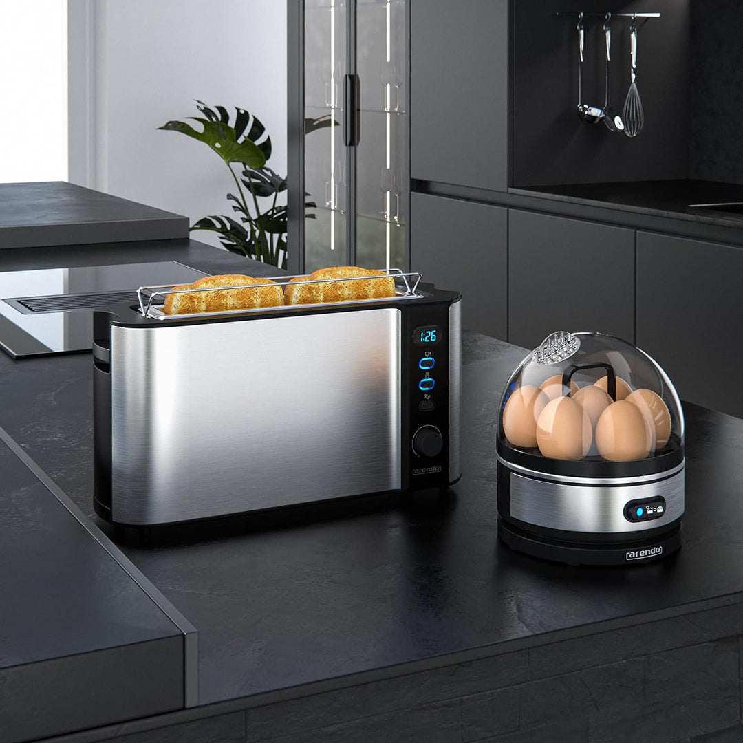 Arendo - SET Toaster FRUKOST mit Eierkocher SEVENCOOK Edelstahl Silber, Toaster 2 Scheiben LED-Displ