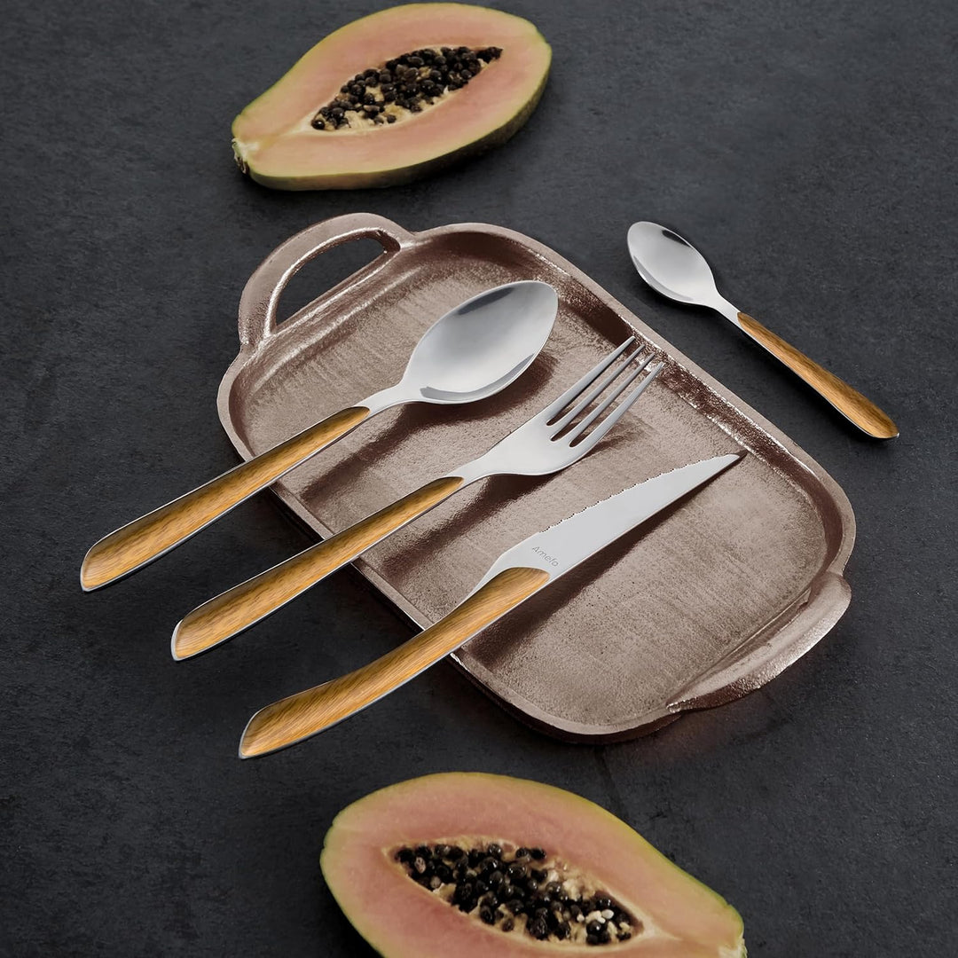 Amefa ECLAT Nature Besteckset, 24-teilig, Besteck Set für 6 Personen, braune Holz-Griffe, Spülmaschi