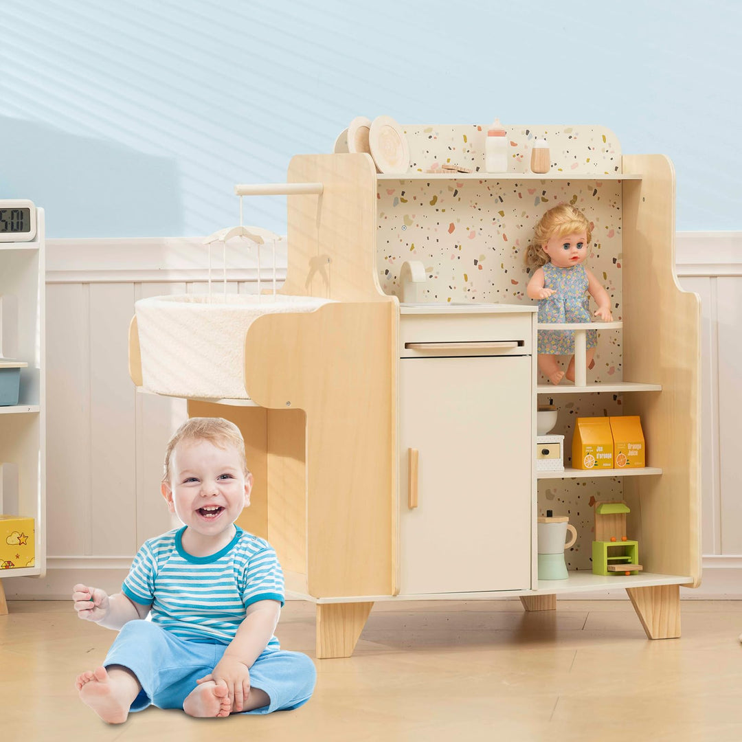 Holz-Babybettchen, 4-in-1-Holzspielset zur Babypflege mit Wiege, Montessori-Rollenspielzeug für Kind