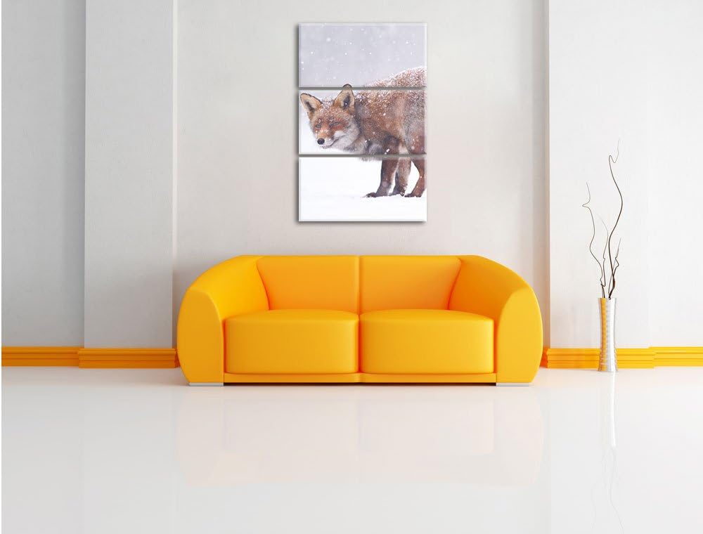 Pixxprint Roter Fuchs im Schneegestöber als Leinwandbild/Grösse: 3 Teilig (120x80) cm/Wandbild/Kunst