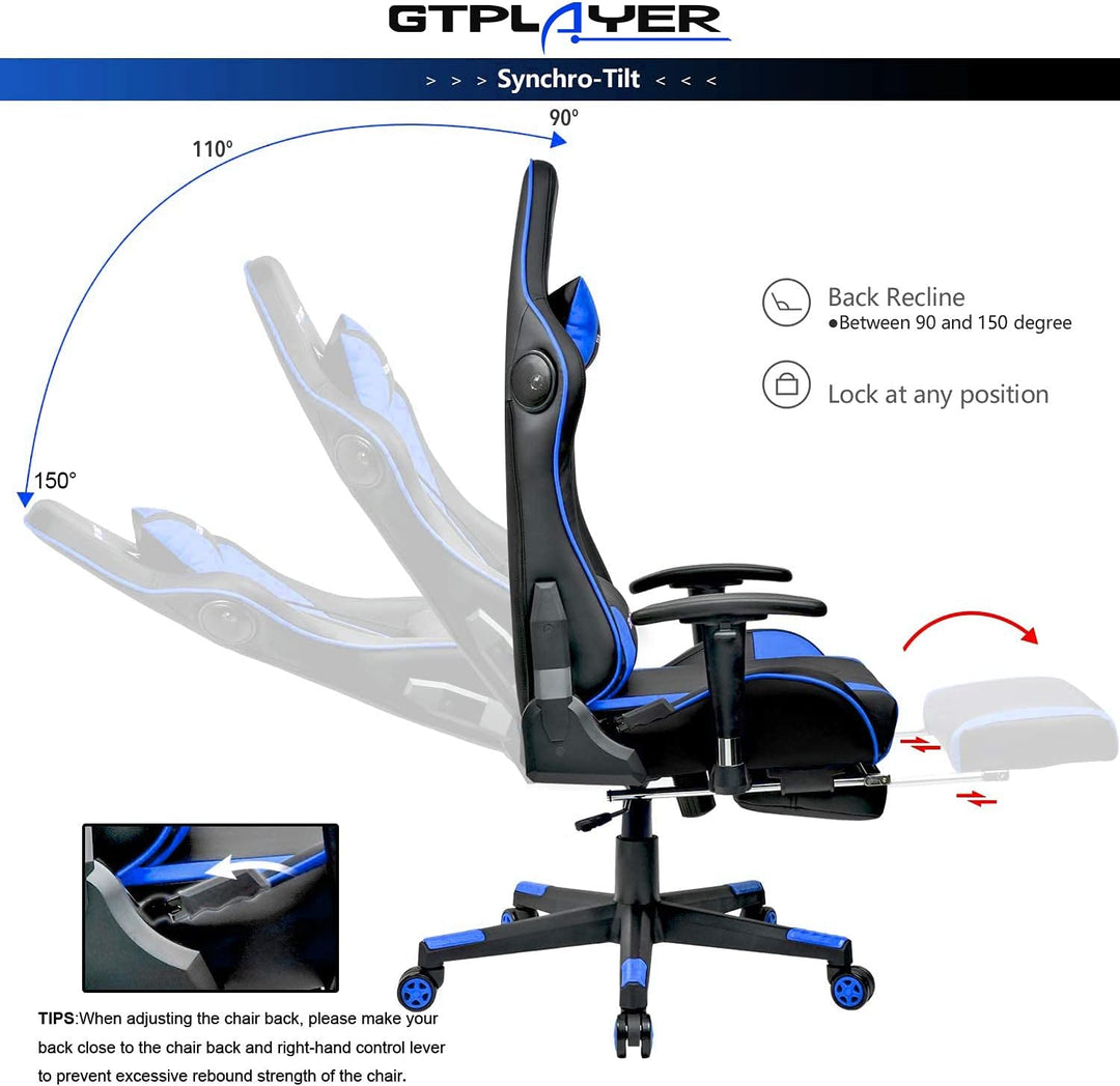 GTPLAYER Gaming Stuhl Gamer Stuhl mit Fussstütze Bluetooth Lautsprecher Ergonomischer Bürostuhl Comp
