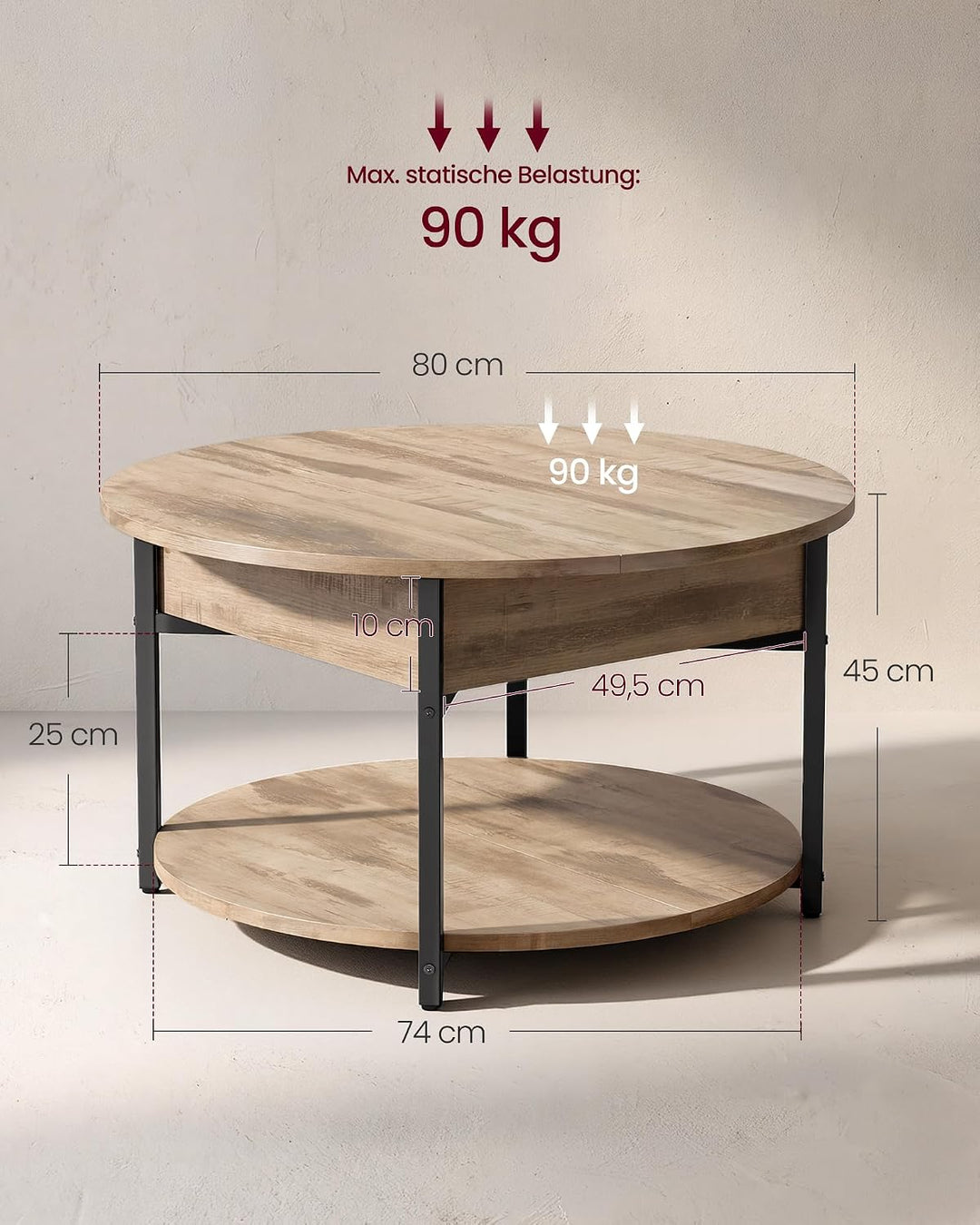 VASAGLE Couchtisch rund LCT266L101 Rustikales Braun + Mattschwarz, Rustikales Braun + Mattschwarz