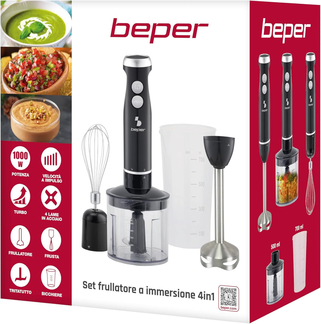 BEPER P102FRU151 4-in-1-Stabmixer, Multifunktionsmixer mit 500-ml-Zerkleinerer, Schneebesen, 700-ml-