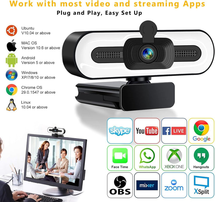 GKEAPZA Webcam mit Ringlichtmikrofon - Streaming Web Kamera, 1080P Full HD Pro Kamera für PC Mac Lap