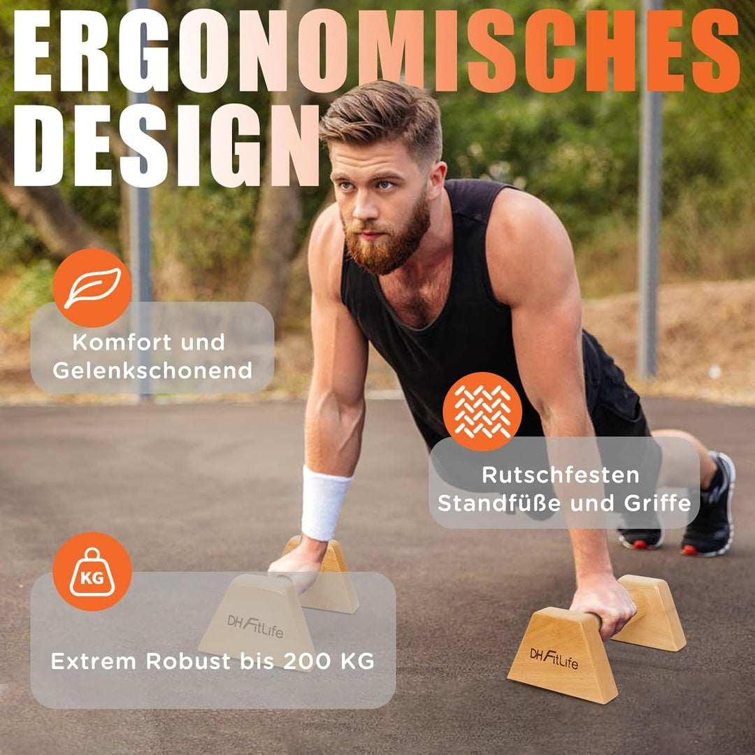 DH FitLife Liegestützgriffe aus Holz - 2x gelenksschonende & rutschfeste Handstand-Griffe | Parallet
