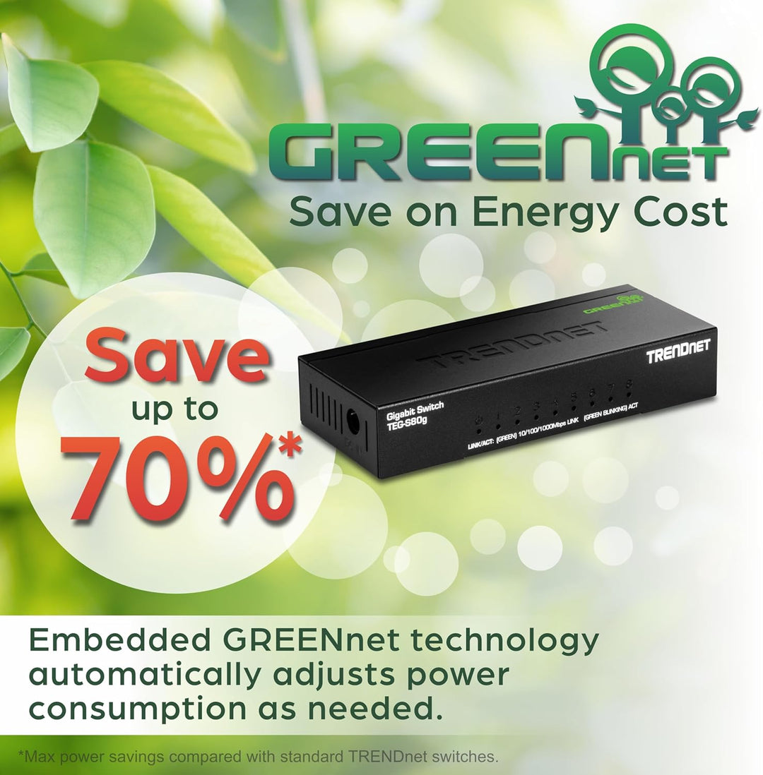 TRENDnet 8-Port Unverwalteter Gigabit GREENnet Desktop Metall Switch, Ethernet Splitter, Lüfterlos,