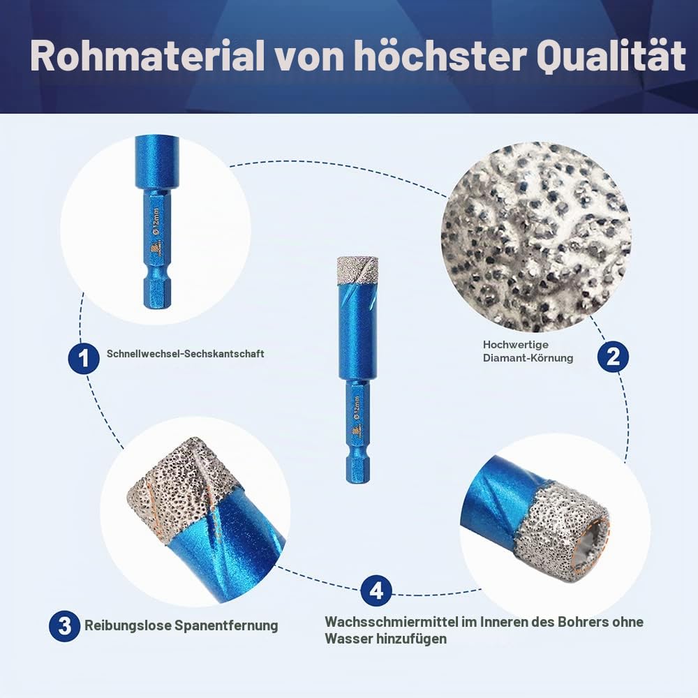 Diamantbohrer Fliesenbohrer Set 12mm - BRSCHNITT 3 Stück Sechskant-Schaft fliesenbohrer set- Lochsäg