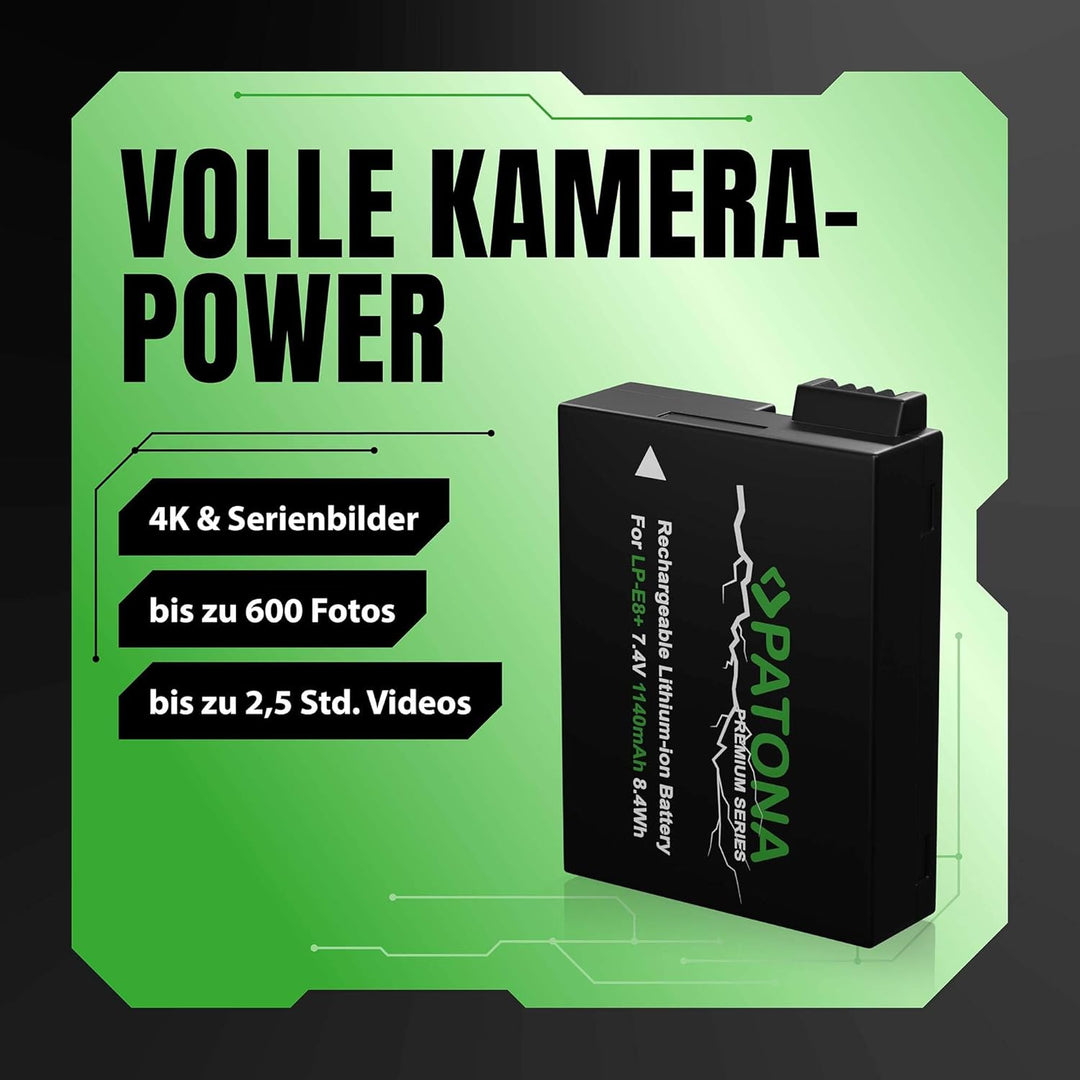 PATONA 2X Premium Akku Ersatz für Canon LP-E8 LP-E8+ Battery Pack 1140mAh | Ersatzakku für EOS 550D