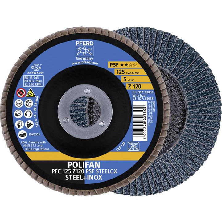 PFERD Fächerscheibe POLIFAN 5 Stück | Ø 125 mm, Z 120, konisch, PSF STEELOX | 69398195 – für Stahl u