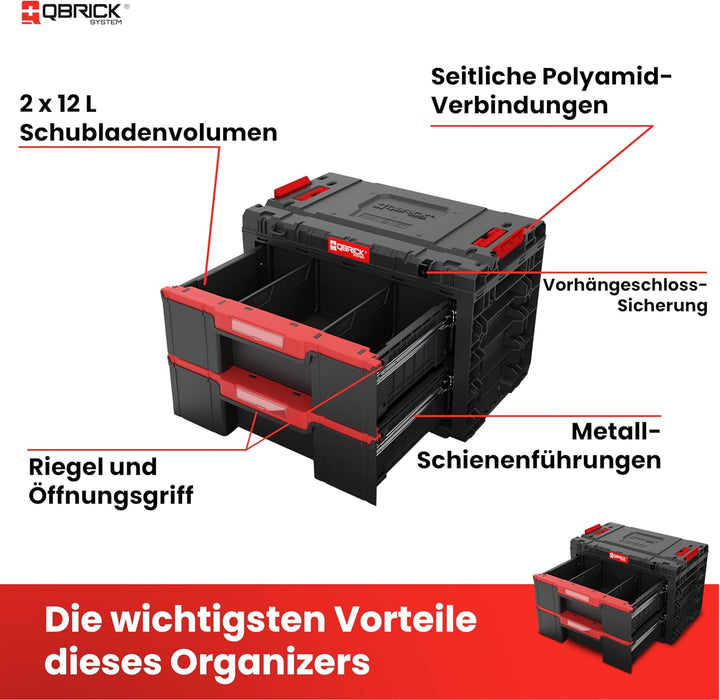 Qbrick System Werkzeugkoffer Sortierbox Leer - 2 Schubladen - Werkzeugkiste - 542 x 335 x 369 mm Sch