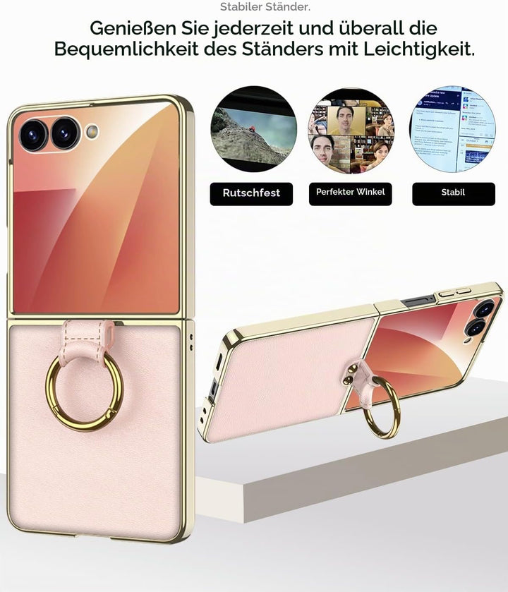 Miimall Lederhülle Kompatibel mit Samsung Galaxy Z Flip 7 Hülle mit Band+Ring Ständer [HD Displaysch