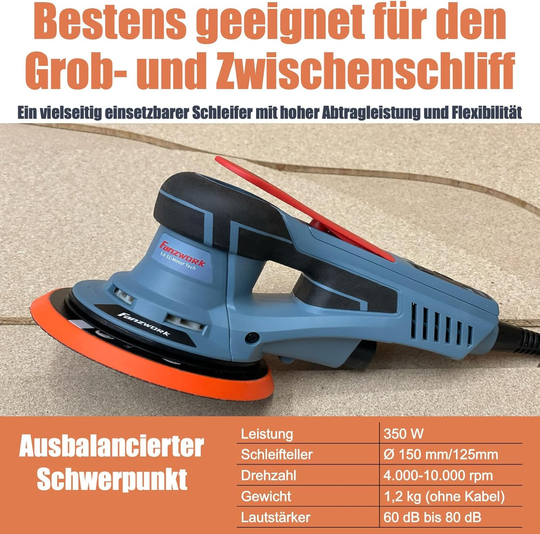 FANZWORK Bürstenloser Exzenterschleifer HG0024,mit 125mm/150mm Schleifteller,5mm Schleifhub, 7-Stufi