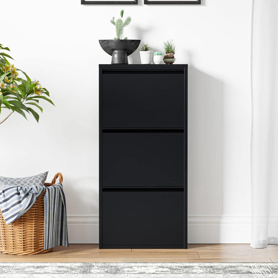[en.casa] Schuhschrank Sokndal Schuhkipper Schwarz schmal Schuhkommode mit 3 Kippfächern Diele Flur