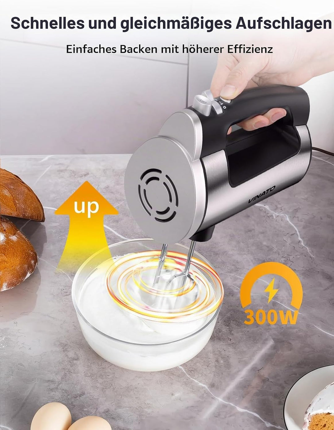 VINATO Elektrischer Handmixer, 300 Watt Handrührgerät mit 5 Geschwindigkeitsstufen, Handrührer mit 2