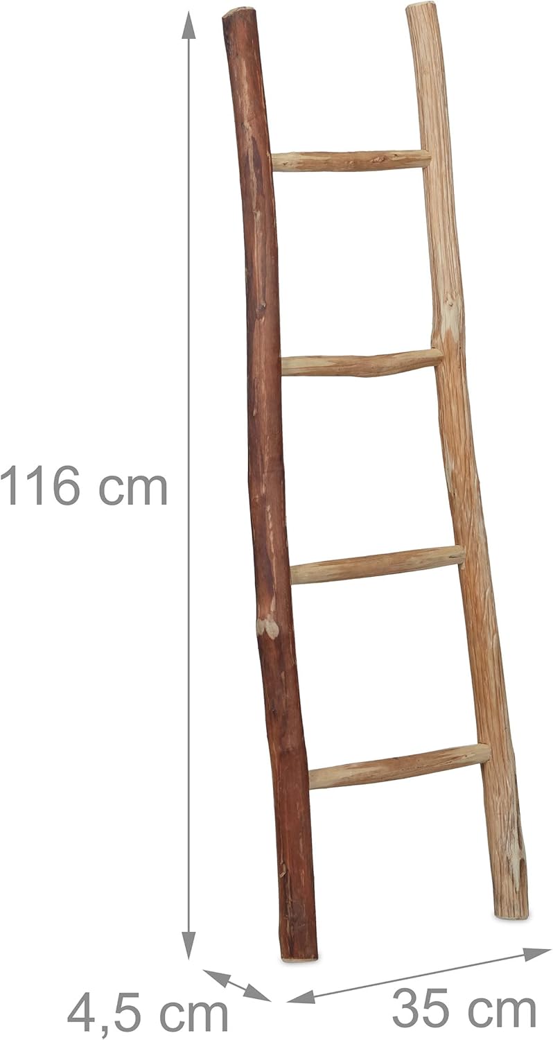 Relaxdays Dekoleiter, 116 cm hoch, Holzleiter Garten, 4 Sprossen, Kastanie, Handarbeit, Handtuch- &