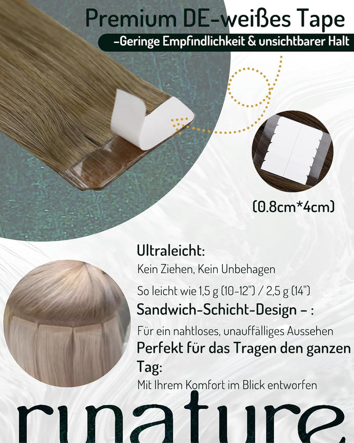 RUNATURE Tape Extensions Echthaar 50cm Balayage Braun Ombre Blond Unsichtbarer Tape in Haarverlänger