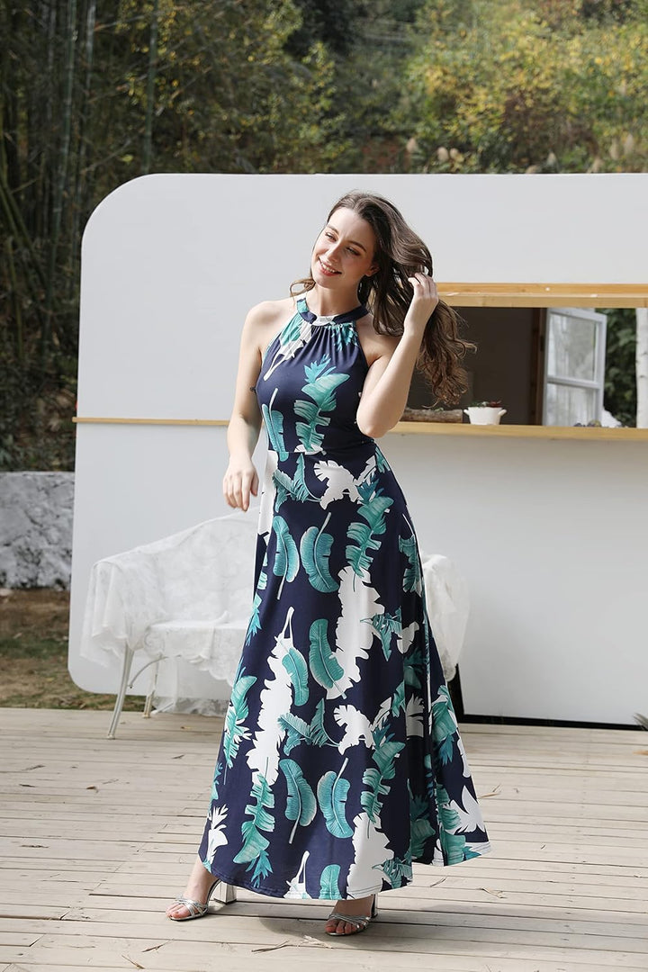 STYLEWORD Damen Neckholder Elegant Sommerkleid Ärmellos Blumenkleid Maxikleid Lange Strandkleid S Fl