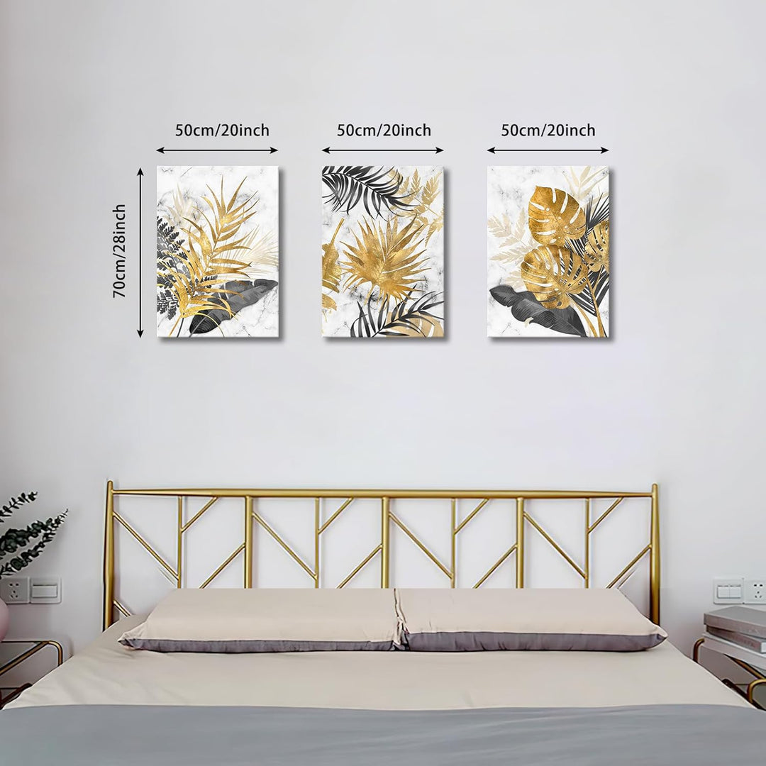 3 Teilig Leinwandbilder Bilder mit Rahmen Abstrakt Grau Gold Blätter bild auf leinwand Wandkunst Mod