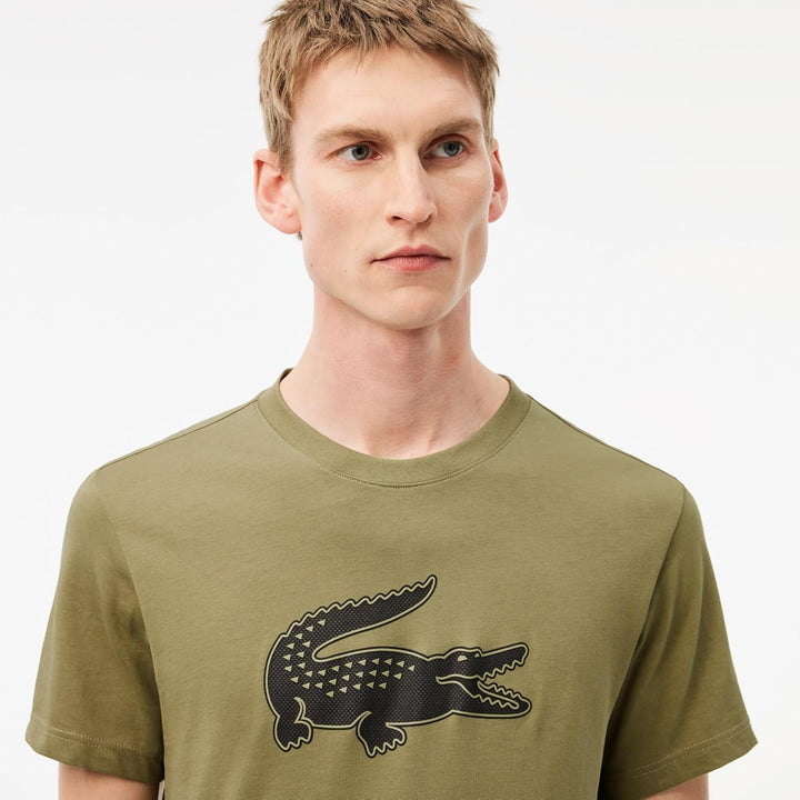 Lacoste Herren TH2042 T-Shirt Rundhals, Männer Logo Print Tee,Regular Fit L Khaki/Schwarz, L Khaki/S