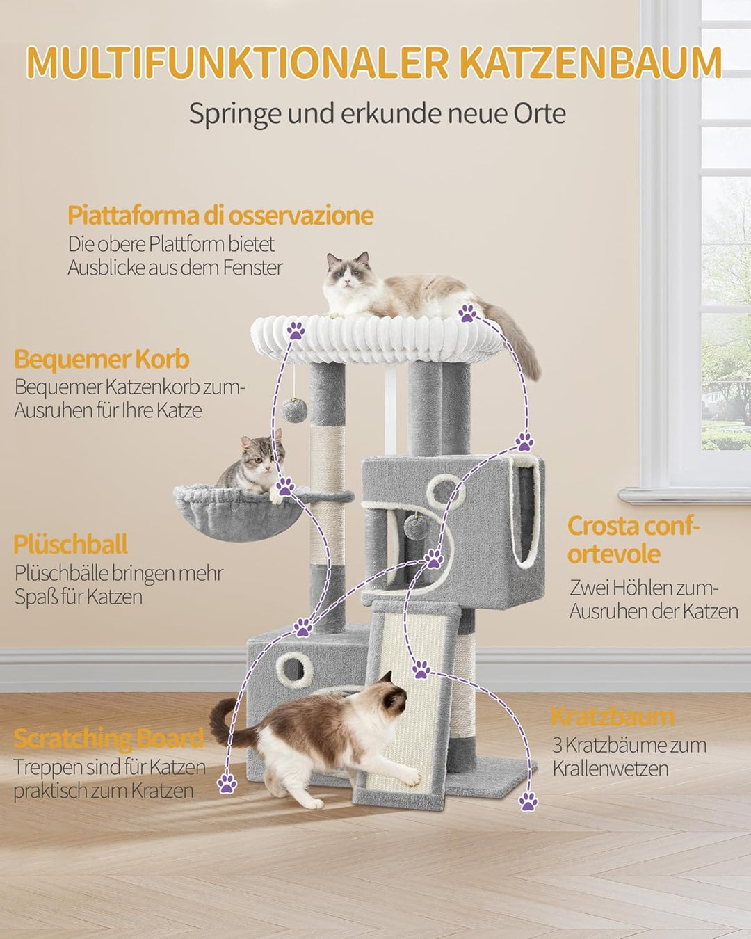 Hzuaneri Kratzbaum, 98 cm Kleiner Katzenbaum, Geräumiges und Stabile, mit Weiche Grosse Plattform, P
