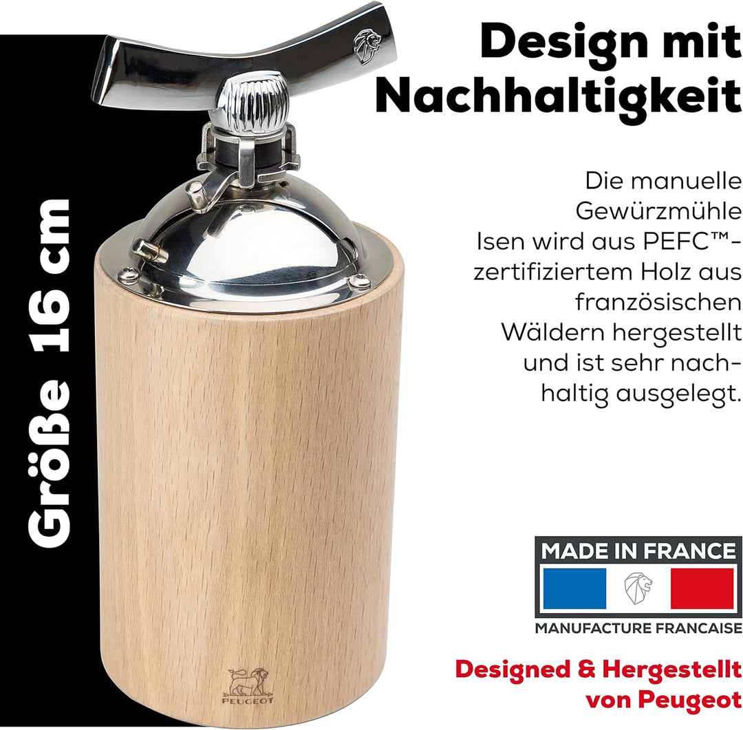 Peugeot Langpfeffermühle Isen 16 cm Natur I Hochwertige Gewürzmühle manuell aus PEFC-zertifiziertem