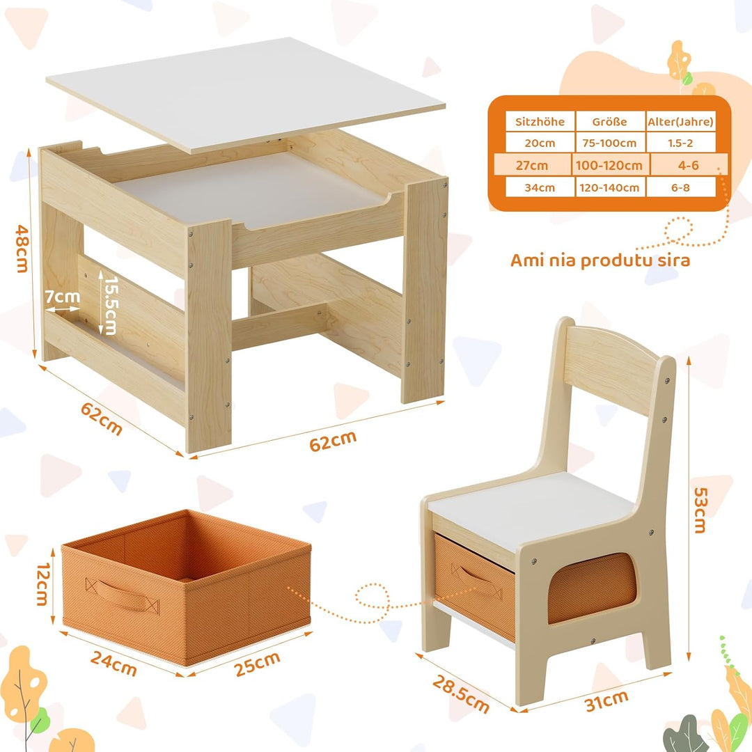 MAMIZO Kindertisch mit 2 PCS Stühlen, 3 in 1 Kinder Tisch Stuhl Set, Kindermöbel Set aus Holz mit St