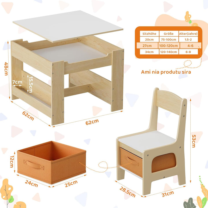 MAMIZO Kindertisch mit 2 PCS Stühlen, 3 in 1 Kinder Tisch Stuhl Set, Kindermöbel Set aus Holz mit St