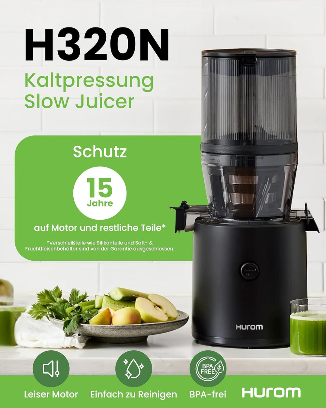 Hurom H320N Series Entsafter für Obst/Gemüse, elektrisch, Kaltpresse – leiser Motor – hohe Saftausbe