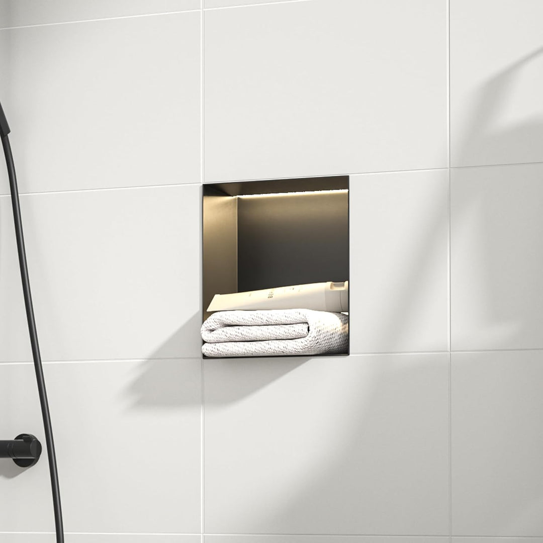 Wandnische Dusche Edelstahl, wasserdichte Nische mit LED-Licht, Eingebettete Duschnische 30x30x10cm,