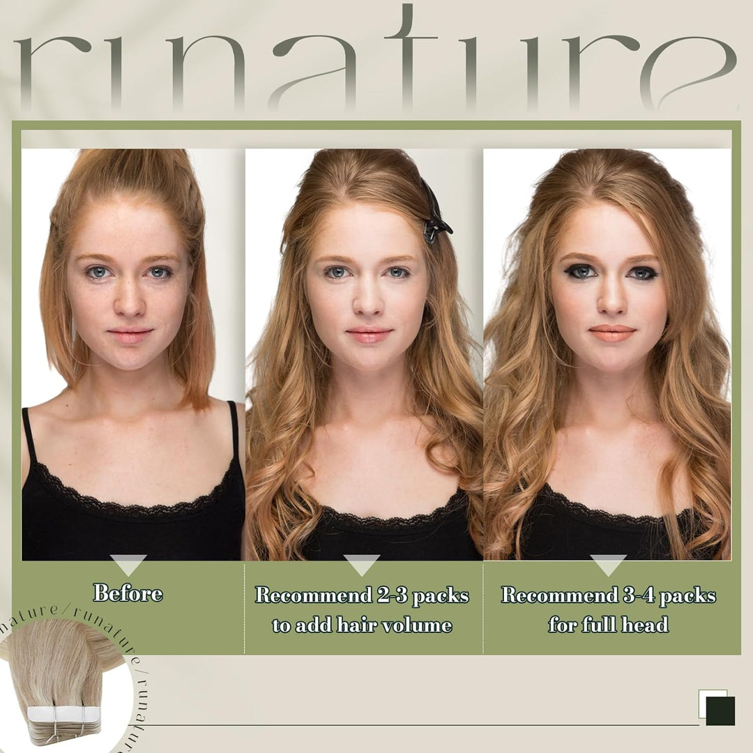 RUNATURE Blond Tape Echthaar Extensions 45cm Aschblond mit Platinblond Tape in Haarverlangerung Remy