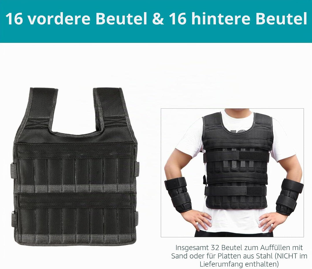 35kg Gewichtsweste mit 6kg Bein- und 5kg Armgewichten, Verstellbare Trainingweste mit 32 Taschen, Me