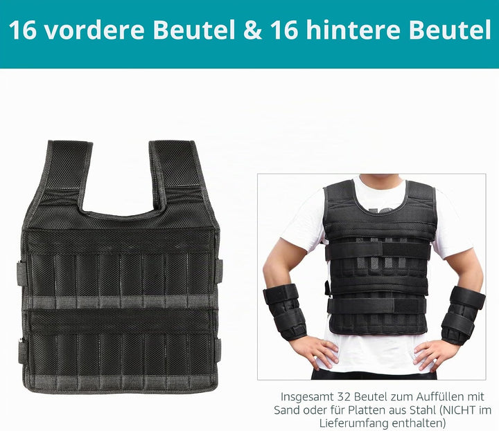 35kg Gewichtsweste mit 6kg Bein- und 5kg Armgewichten, Verstellbare Trainingweste mit 32 Taschen, Me