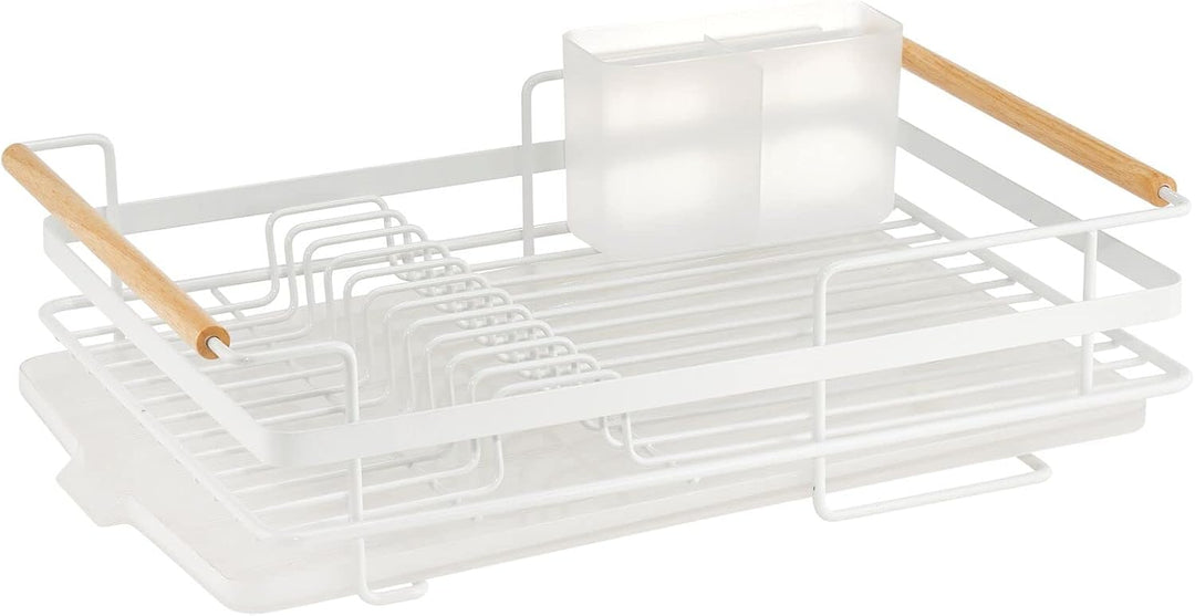 mDesign Abtropfgestell aus Metall mit Holzgriffen – Geschirrabtropfgitter mit Besteckfach und Auffan