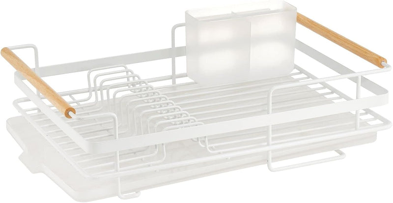 mDesign Abtropfgestell aus Metall mit Holzgriffen – Geschirrabtropfgitter mit Besteckfach und Auffan