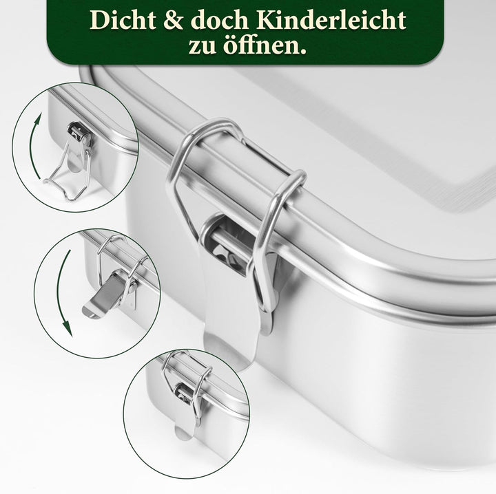 Brotdose Edelstahl 1400ml gross mit 2 Trennwänden, Auslaufsichere Lunchbox für Arbeit, Schule & Outd