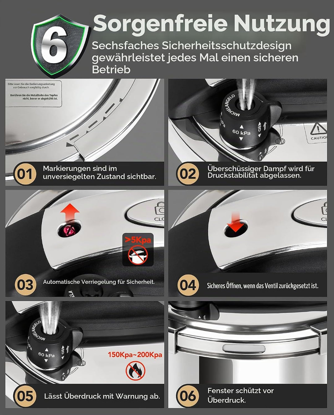 MICHELANGELO Edelstahl-Schnellkochtopf 6 Liter, für Induktion | 3-in-1 Schnellkochtopf, Reiskocher &amp;