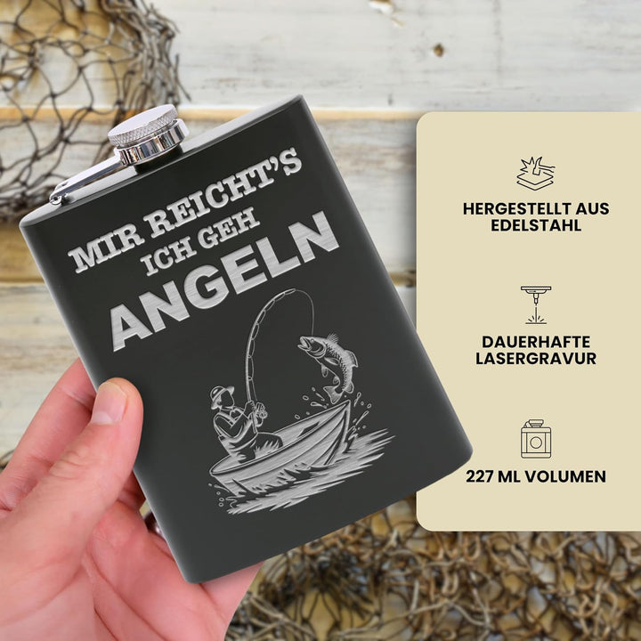 Flanacom Flachmann aus Edelstahl 227 ml (8oz) – Angeln & Fischer Design – inkl. Trichter – Auslaufsi