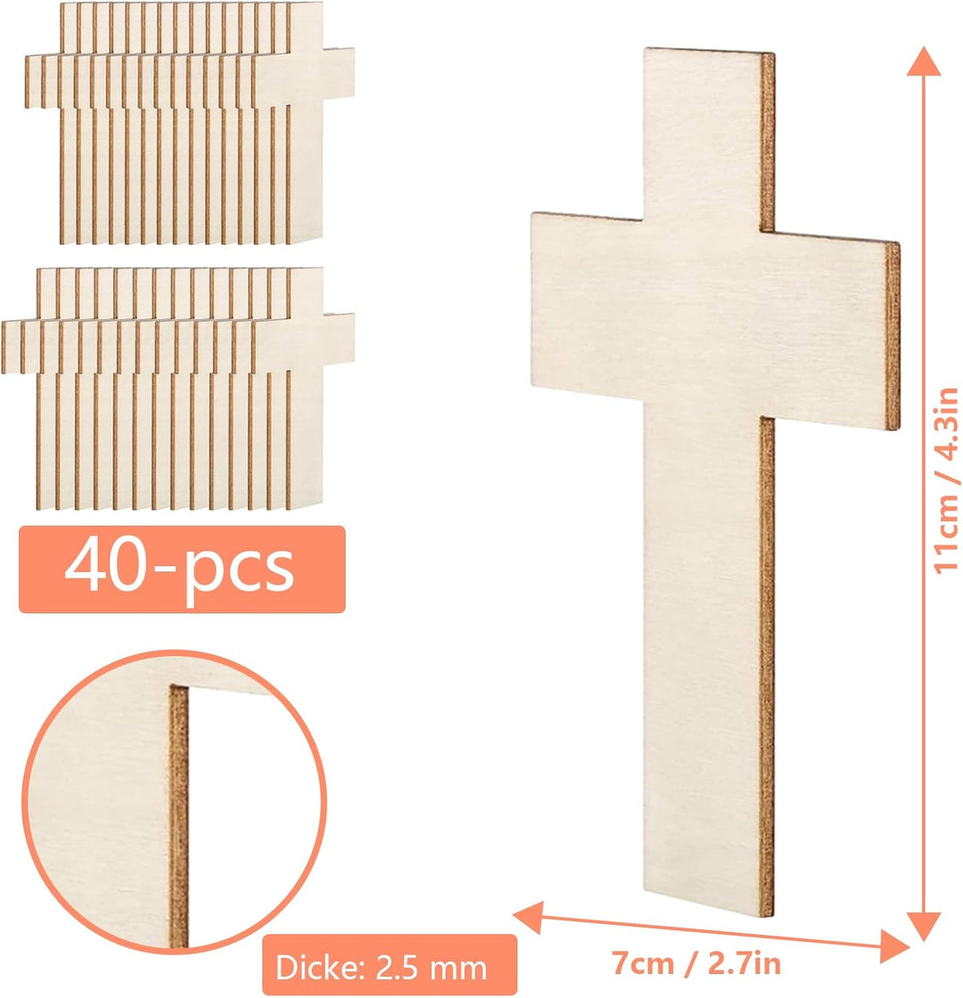 Holzkreuz zum Bemalen, 40 Stück Kreuze Basteln, 11x7 cm Dünne Kreuz Anhängers aus Sperr Holz, Kreuz