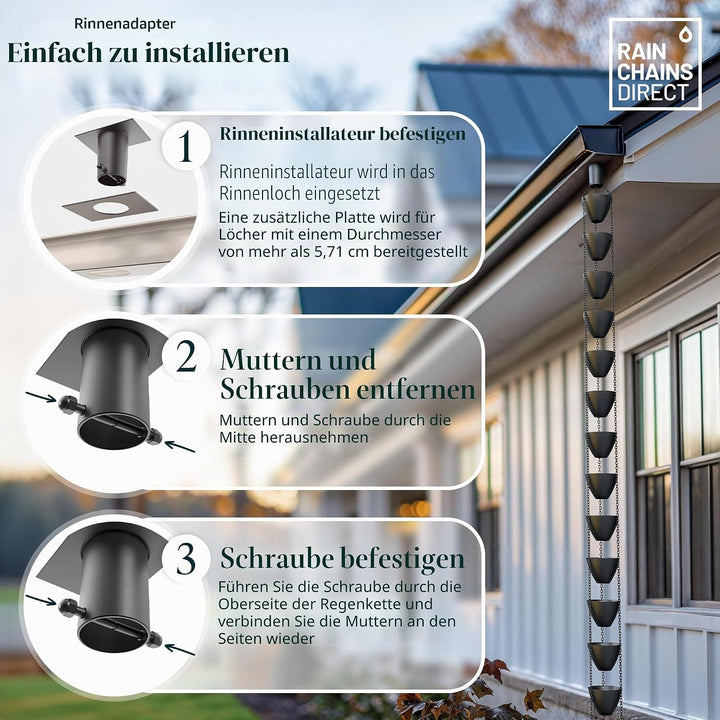 Rain Chains Direct - Regenketten-Dachrinnen-Adapter/Installationsgerät aus schwarzem, pulverbeschich