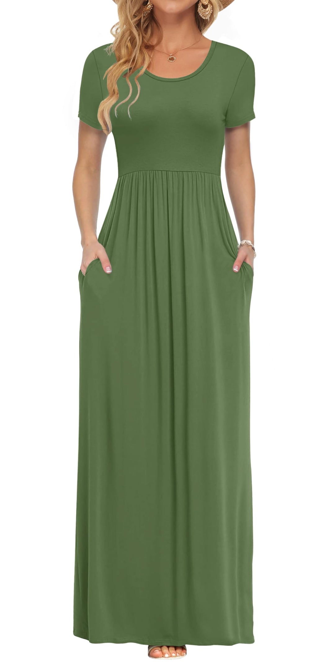 AUSELILY Damen Kurzarm Loose Casual Long Maxi Kleider mit Taschen Armeegrün L, Armeegrün L