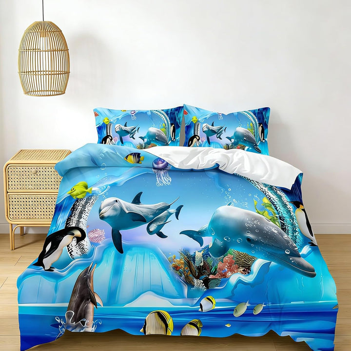 EHAOKK 3D Meer Tier Bettwäsche Set,Delfin,Tropischer Fisch,Korallen,Meeresleben Bettbezug,Blaue Unte