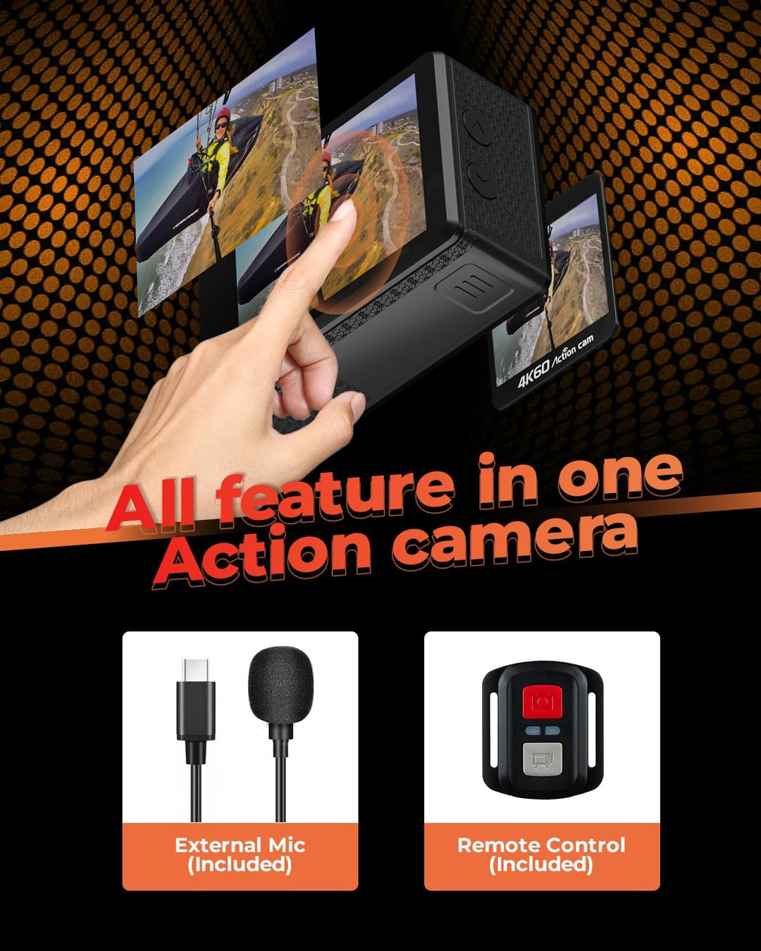 4K60FPS 24MP Action Cam, Touchscreen Sportkamera mit 64GB SD-Karte, Unterwasserkamera 131FT Wasserdi