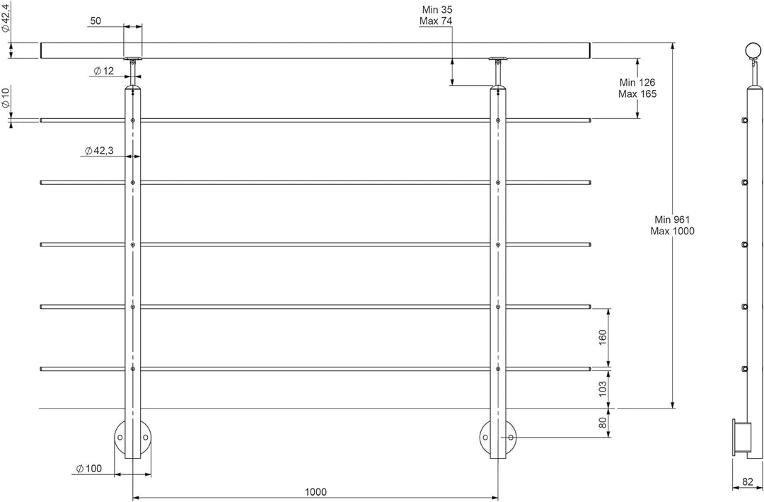 DOLLE Edelstahl Geländer Seitenmontage | Länge 1,5 m; Höhe 1 m | witterungsbeständig | für Treppe, B