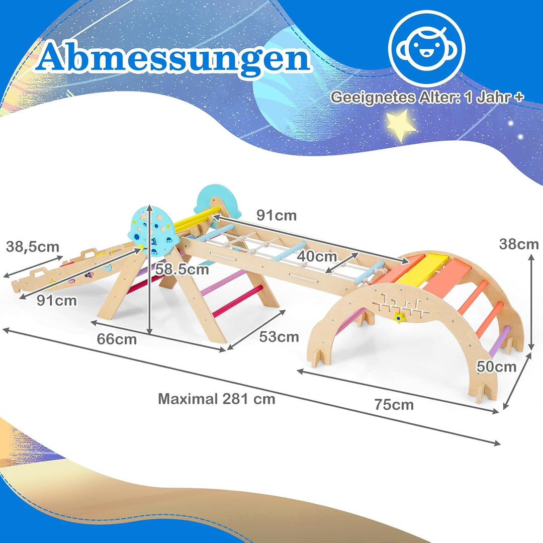 COSTWAY Klettergerüst Indoor 4er Set, klappabres Kletterdreieck mit Rutsche, Kletterbogen, Netz, ink